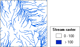 Stream raster shows cells with flow accumulation greater than 100