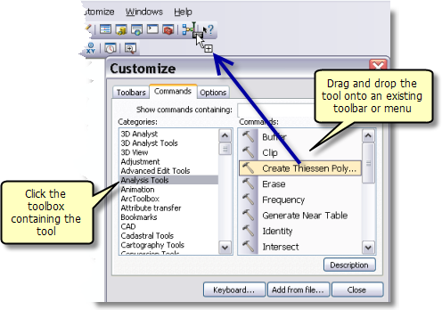 Using the customize menu to add tools to a menu or toolbar