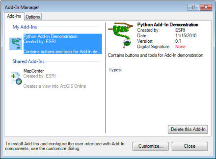 Metadata of an add-in in the Add-In Manager
