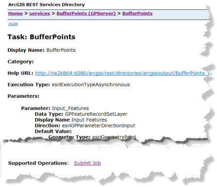 Geoprocessing task page in the services directory