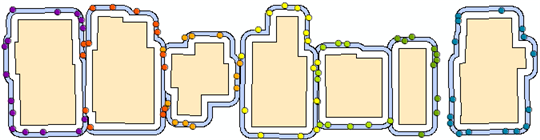 Groups of sample points, one for each building, generated for rings around each building.