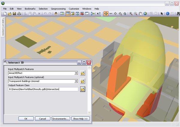 The Intersect 3D geoprocessing tool, and the result of an intersection.