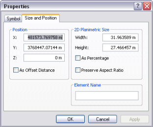 Size and Position properties tab for graphics in ArcScene