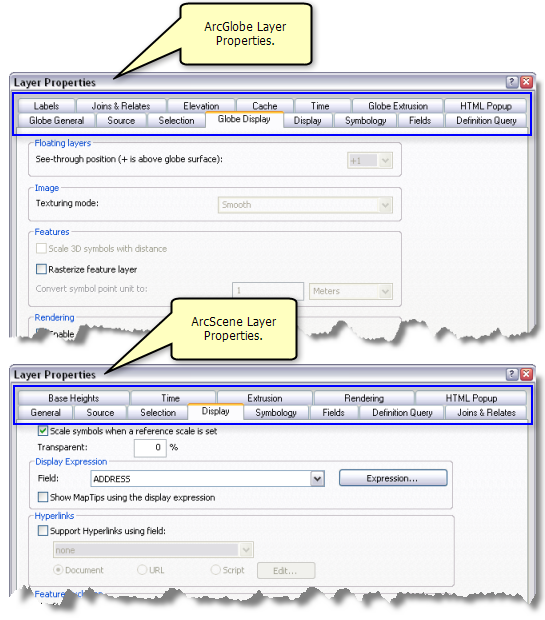 The layer property dialog boxes of ArcGlobe and ArcScene