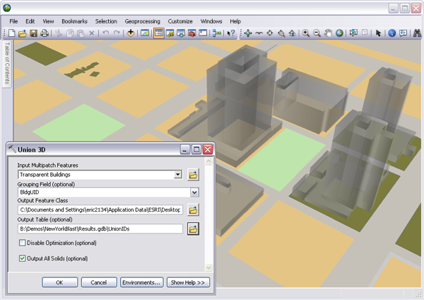 Transparent buildings with intersecting and overlapping triangles being converted to closed multipatches using the Union 3D geoprocessing tool.