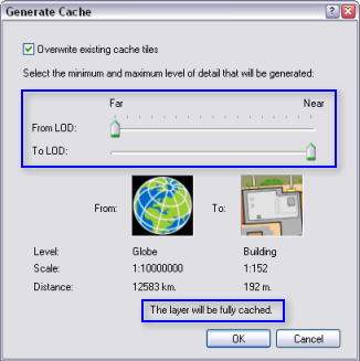 The Generate Cache window in ArcGlobe. The sliders are set to fully cache the layer.