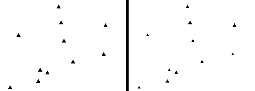 An example showing the difference in display by applying size to point features in ArcGlobe