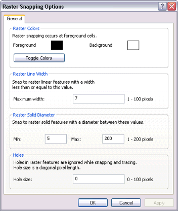 Setting the options for raster snapping, including the maximum line width