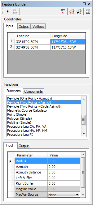 Feature Builder window with the Keyhole (Two Point - Azimuth) function selected