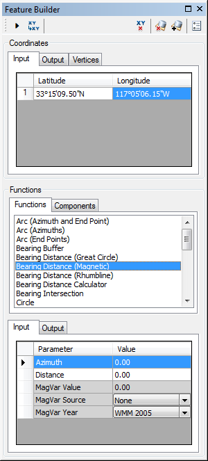 Feature Builder window when the Bearing Distance (Magnetic) function is selected