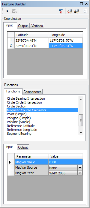 Feature Builder window with the Magnetic Course Calculator function selected