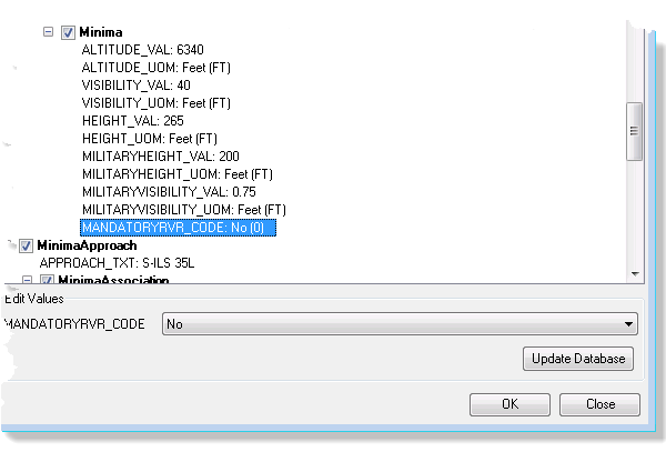 Minima Table dialog box