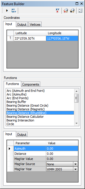 Feature Builder window with the Bearing Distance (Rhumbline) function selected