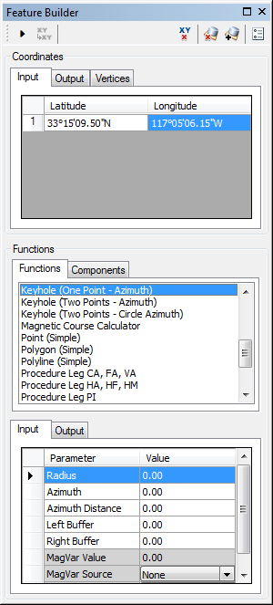 Feature Builder window with the Keyhole (One Point - Azimuth) function selected