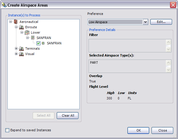 The Create Airspace Areas dialog box