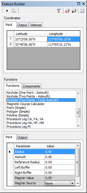 Feature Builder window with the Keyhole (Two Point - Circle Azimuth) function selected