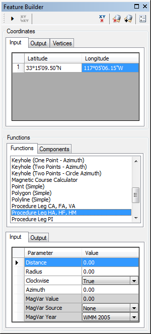 Feature Builder window with the Procedure Leg HA, HF, HM function selected