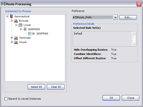 The Route Processing dialog box
