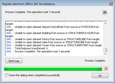 Migrate data from 18B to 18C Geodatabase log file window