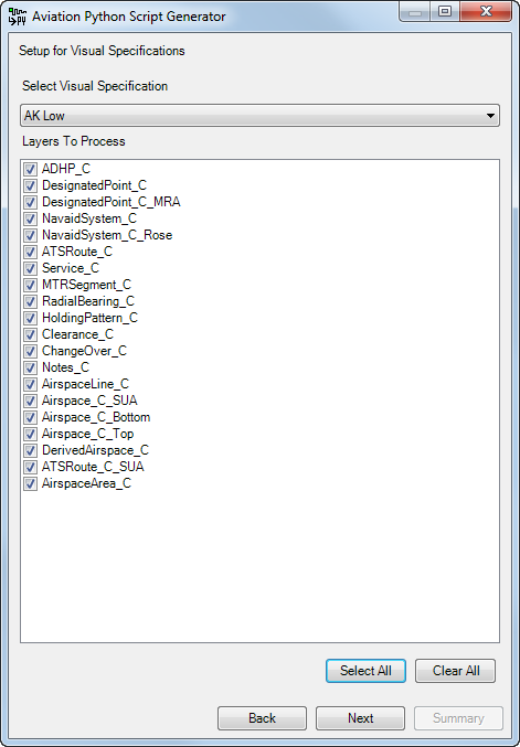 Aviation Python Script Generator wizard with feature classes to process with the Visual Specification process