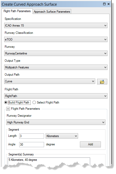 Create Curved Approach Surface window