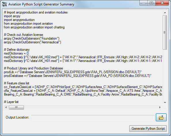 Aviation Python Script Generator Summary with the content of the script