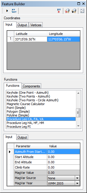 Feature Builder window with the Procedure Leg CA, FA, VA function selected