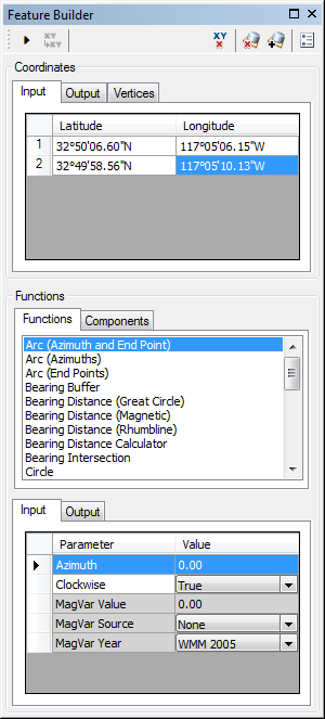 Feature Builder window with the Arc (Azimuth and End Point) function selected