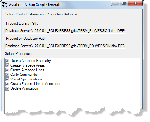 Aviation Python Script Generator wizard with the product library, production database, and processes