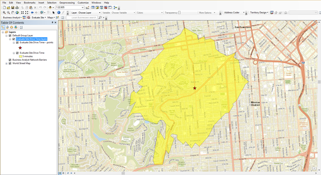 Evaluation site drive-time map