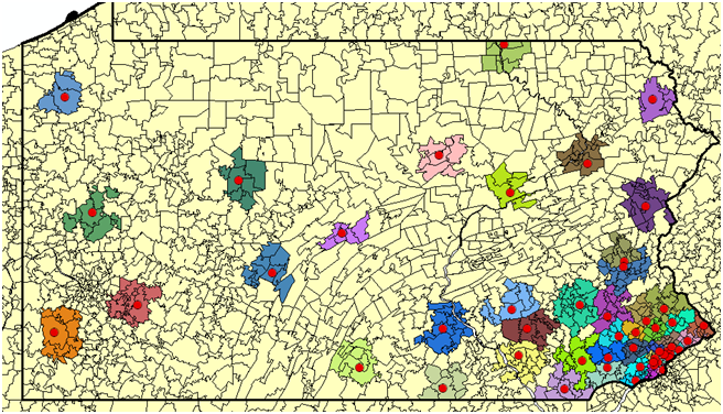 The result of using Create territories from optimal locations