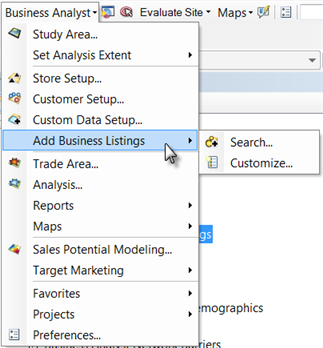 Business Analyst drop-down menu Add Business Listings option