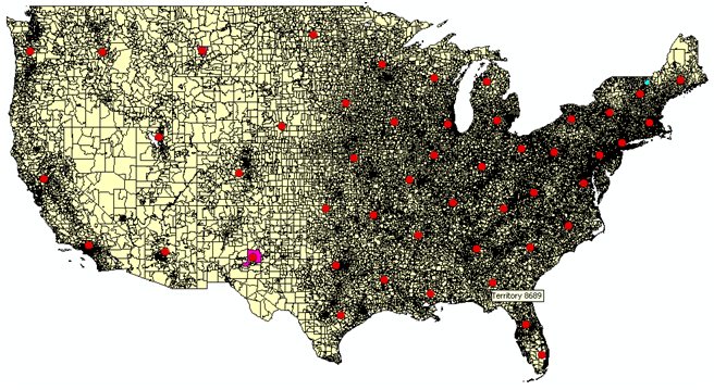 Result of an example using locate territory centers using actual source boundaries