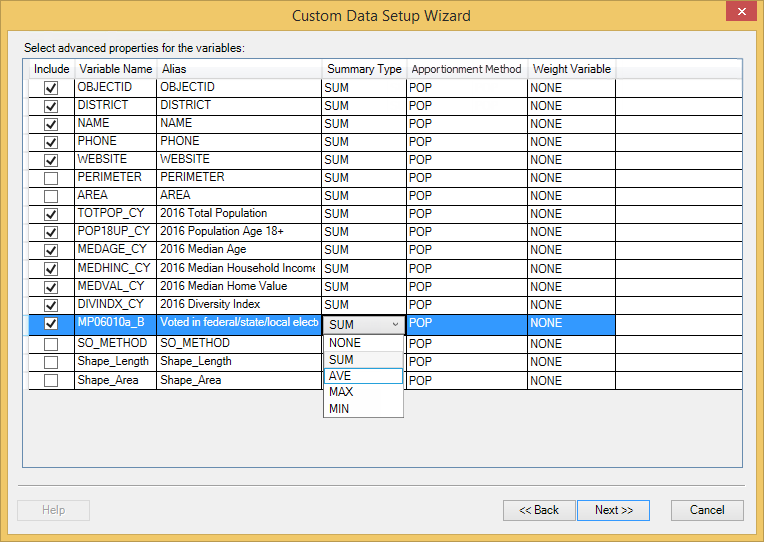Select advanced properties for the variables in your new custom data item