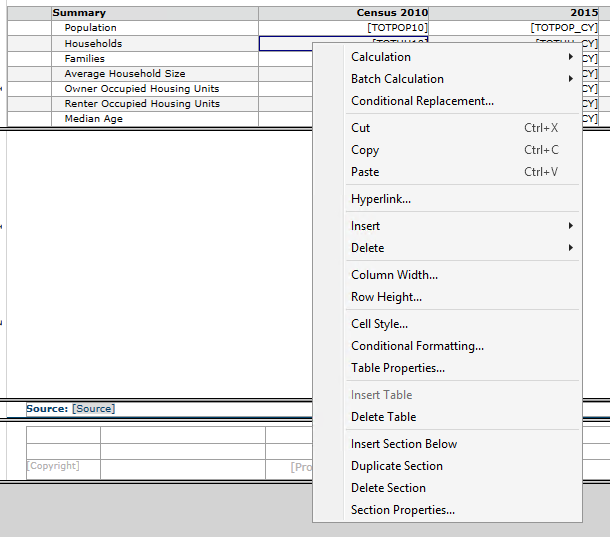 Right click in cell to view options