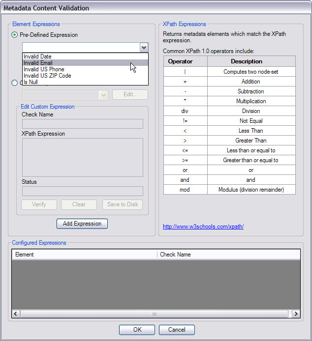 Metadata Content Validation dialog box