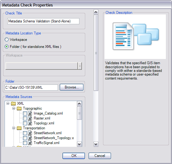 The Metadata Check Properties dialog box