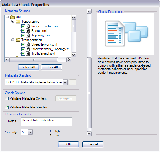 The Metadata Check Properties dialog box with metadata sources listed