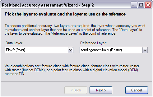 Pick the layer to evaluate and the layer to use as the reference dialog box