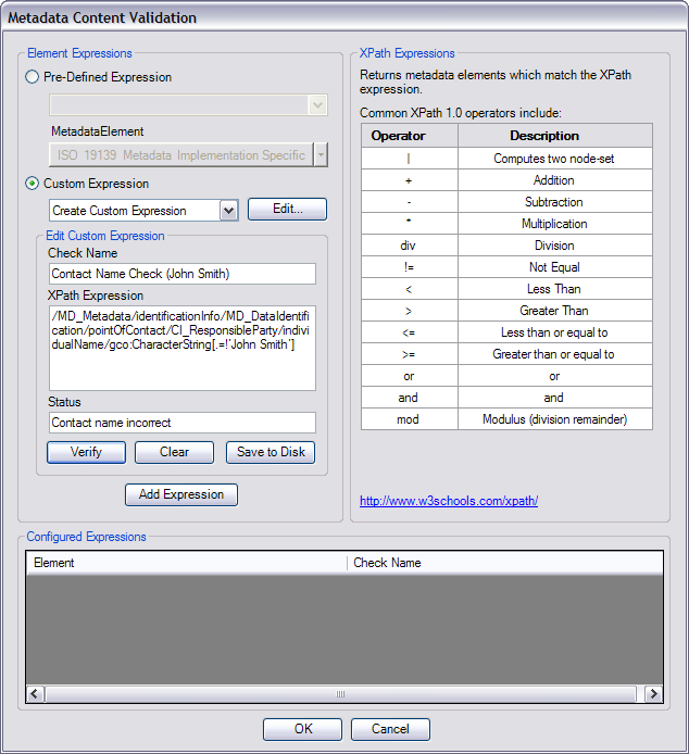 A complete custom expression in the Metadata Content Validation dialog box