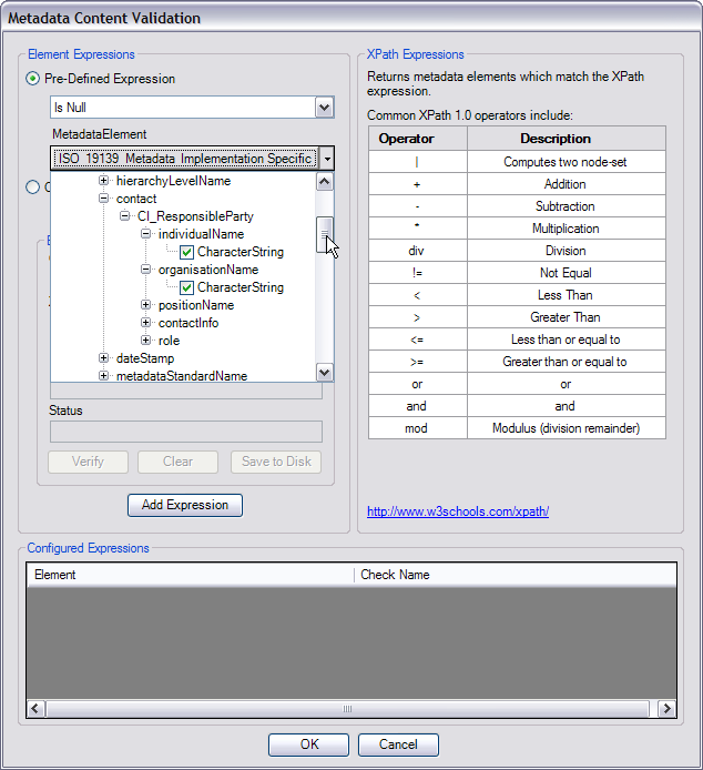 The Metadata Element drop-down list on the Metadata Content Validation dialog box