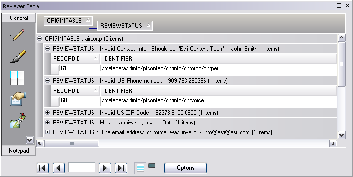 Example of the Reviewer table with results from the Metadata check