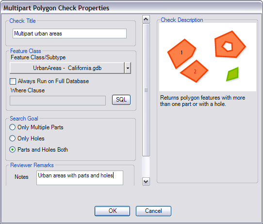 Multipart Polygon Check Properties dialog box