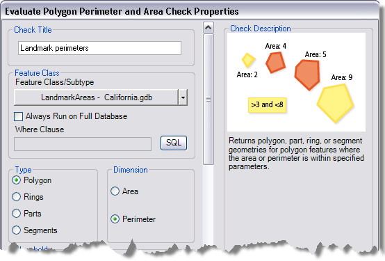 Evaluate Polygon Perimeter and Area Check Properties dialog box