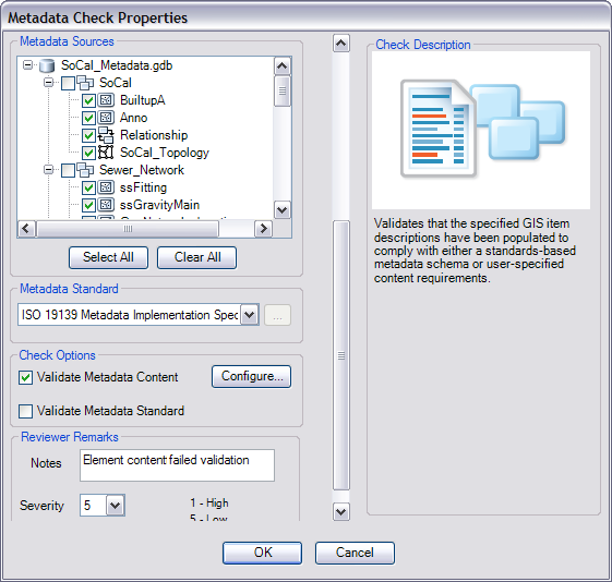 The Metadata Check Properties dialog box with workspace items checked