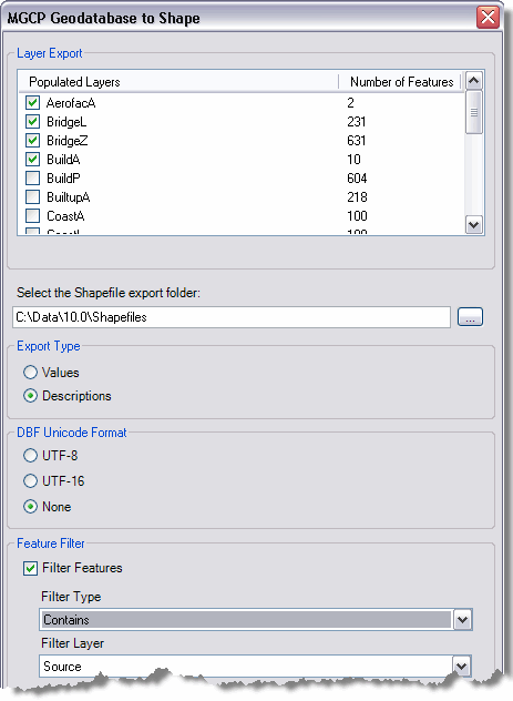 MGCP Geodatabase to Shape dialog box