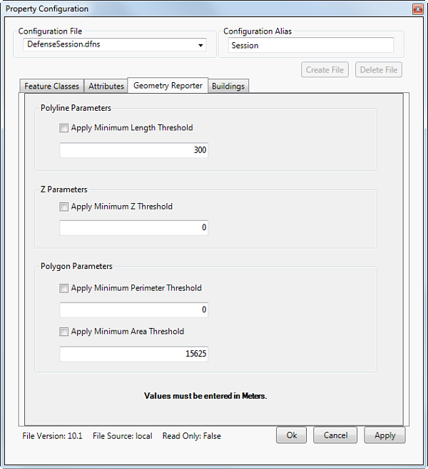 Geometry Reporter tab on the Property Configuration dialog box