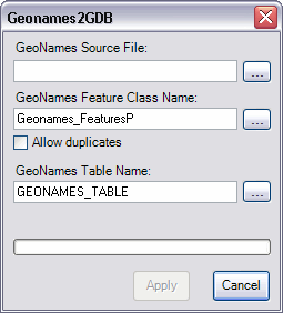 Geonames2GDB dialog box