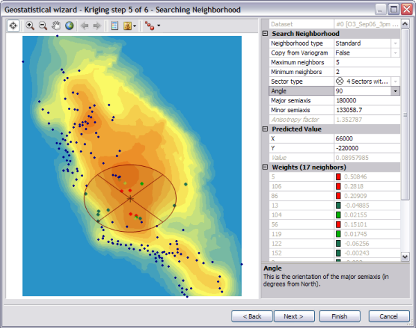 The Geostatistical wizard-Kriging step 5 of 6—Copy from Variogram is changed from True to False and the Angle is changed to 90 in the dialog box