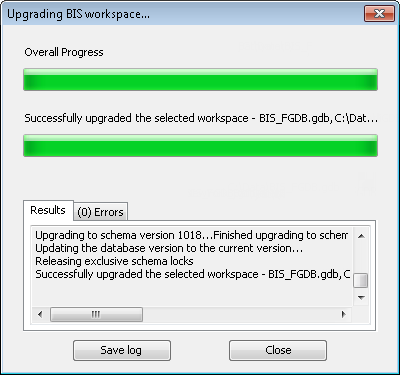 Upgrading BIS workspace dialog box